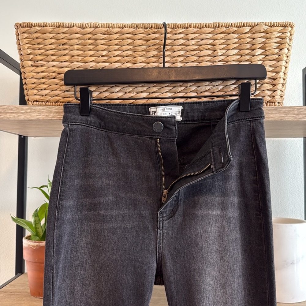 Free People High-Rise Washed Black Raw Hem Bell Bottom Extreme Flare Jeans, 27 - Picture 6 of 8